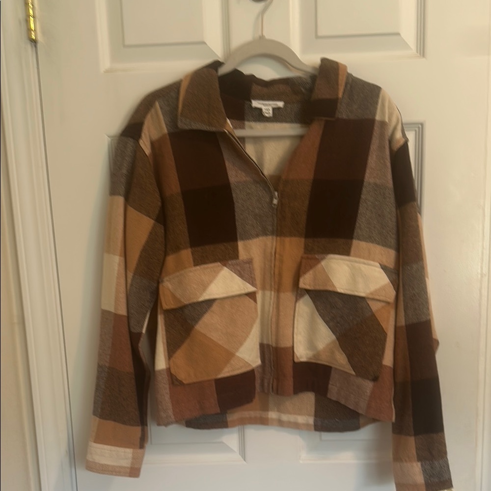 Brown and Tan Utility Jacket with Geometric Pattern